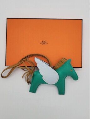 HERMES Authentic Mint Blue Plume Pégase Leather Bag Charm with White Wings